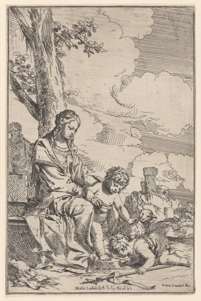 العائلة المقدسة مع الرضيع القديس يوحنا يقبلان قدمي المسيح ، 1640-60. بواسطة جوليو كاربيوني