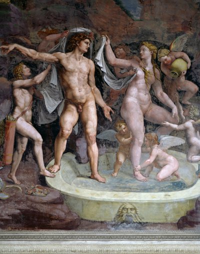 Bath of Mars and Venus, fresco by Giulio Romano (1499-1546), north wall of Chamber of Cupid and Psyche, Palazzo Te, Mantua (UNESCO World Heritage List, 2008), Lombardy, Italy بواسطة جوليو رومانو