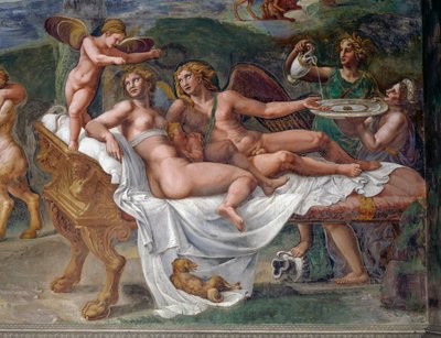 Cupid and Psyche with their daughter Voluptas (Pleasure) lying on bed, detail from Wedding feast or Banquet of gods, fresco by Giulio Romano (1499-1546), Palazzo Te, Mantua (UNESCO World Heritage List, 2008), Lombardy, Italy بواسطة جوليو رومانو