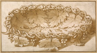 Design for an oval fruit bowl, with vine tendrils, leaves and grapes (pen & brown ink with brown wash on paper) بواسطة جوليو رومانو