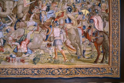 نسيج فلمنكي. مسلسل The Acts of Scipio: The Battle at Zama. رسام الكاريكاتير جوليو رومانو. أتيليه بالتازار فان فلايردين (؟) ، بروكسل. 1523-1532. التفاصيل. بواسطة جوليو رومانو