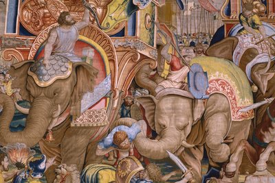 نسيج فلمنكي. مسلسل The Acts of Scipio: The Battle at Zama. رسام الكاريكاتير جوليو رومانو. أتيليه بالتازار فان فلايردين (؟) ، بروكسل. 1523-1532. التفاصيل. بواسطة جوليو رومانو