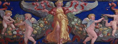 إفريز من الكاميرا con Fregio di Amorini Chamber of the Cupid Frieze تفاصيل ملاك في فستان ذهبي بأجنحة منتشرة ، لوحة جدارية من عشرينيات القرن الخامس عشر بواسطة جوليو رومانو