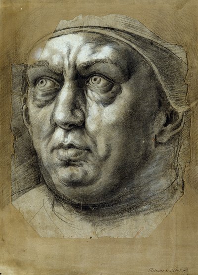 Head of Pope Leo X (black and white chalks on paper) بواسطة جوليو رومانو