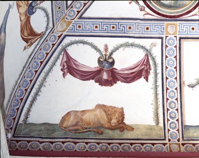 The camera con fregio di Amorini Chamber of the Cupid Frieze تفاصيل أسد نائم ، لوحة جدارية من عشرينيات القرن الخامس عشر بواسطة جوليو رومانو