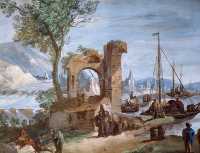 منظر خيالي: ميناء به أطلال وشلال ، رسمه جوزيبي برناردينو بيسون (1762-1844) بواسطة جوزيبي برناردينو بايسون