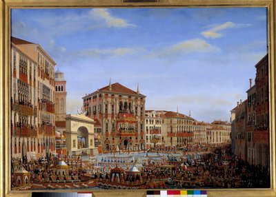 زيارة نابليون الأول إلى البندقية في الفترة من 28 نوفمبر إلى 8 ديسمبر 1807: وصول الإمبراطور الذي يترأس سباقات القوارب على القناة الكبرى من شرفة قصر بالدي ، من السباق ، 2 ديسمبر 1807 لوحة رسمها جوزيبي بورساتو (1771-1849). 1807 الأحد. 0،65 × بواسطة جوزيبي بورساتو