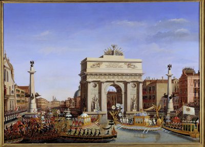 زيارة نابليون الأول إلى البندقية في الفترة من 28 نوفمبر إلى 8 ديسمبر 1807: دخول الإمبراطور في الجندول في موكب القناة الكبرى في الجندول. رسم جوزيبي بورساتو (1771-1849) القرن التاسع عشر. 0،65x0،90 م. - زيارة نابليون إلى البندقية من رقم 28 بواسطة جوزيبي بورساتو