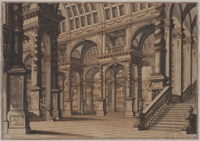 قاعة مقببة ضخمة مع درج بواسطة Giuseppe Galli Bibiena