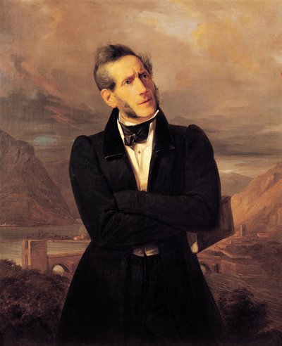 صورة لأليساندرو مانزوني مع مناظر ليكو ، لوحة جوزيبي مولتيني (1800-1867) ، مناظر طبيعية رسمها ماسيمو دازيجليو (1798-1866) ، زيت على قماش بواسطة جوزيبي مولتيني