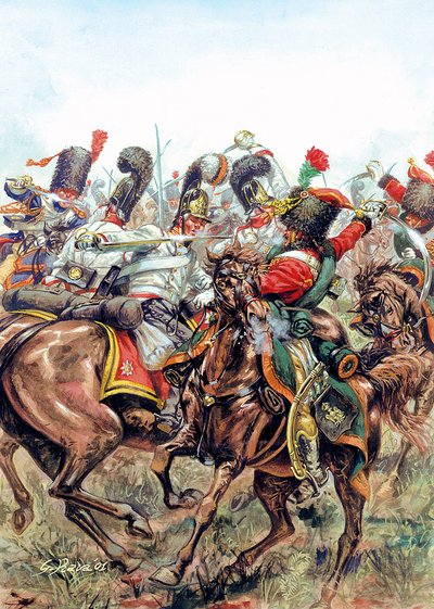 معركة أوسترليتز في 2/12/1805، معركة بين جنود الجيش العظيم والروس والنمساويين - معركة أوسترليتز، 2 ديسمبر 1805، بين جيش نابليون الأول ضد الجيشين الروسي والنمساوي - رسم توضيحي لجوزيبي رافا بواسطة جوزيبي رافا