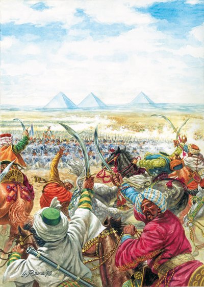 حملة (حملة) مصر (1798-1801): "معركة الأهرام في 21/07/1798 - الحملة المصرية: معركة الأهرام (معركة إمبابة) التي دارت رحاها في 21 يوليو بواسطة جوزيبي رافا