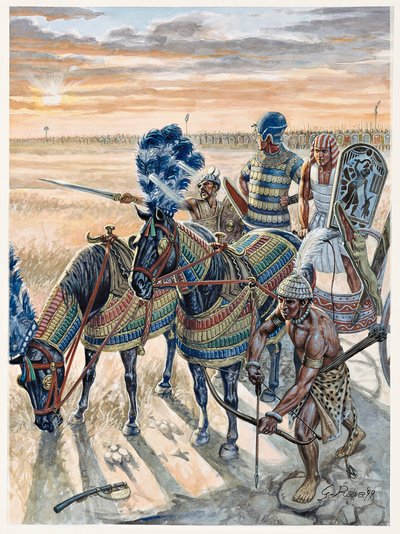 الآثار المصرية القديمة: تمثيل للفرعون رمسيس الثاني (1304-1213 ق.م) مع جيشه - الفرعون رمسيس الثاني (1303 ق.م-1213 ق.م) وجيشه في مصر القديمة - رسم توضيحي لجوزيبي رافا بواسطة جوزيبي رافا