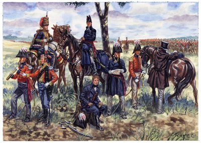 الإمبراطورية الأولى: أركان دوق ولنجتون في معركة واترلو في 18 يونيو 1815 - رسم توضيحي لجوزيبي رافا بواسطة جوزيبي رافا