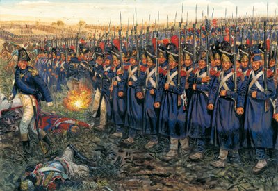 هجوم الحرس الأوسط على مركز ويلينغتون في معركة واترلو في 18 يونيو 1815 "الحرس الإمبراطوري لنابليون الأول (1769-1821) وهو يزحف على قوات دوق ويلينغتون في معركة واترلو بواسطة جوزيبي رافا
