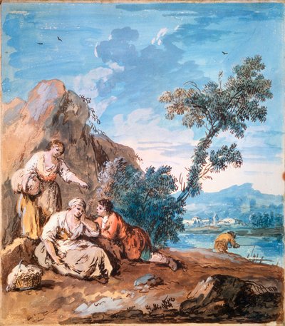ثلاثة فلاحين يستريحون على ضفة النهر ، c1750. بواسطة جوزيبي زيس