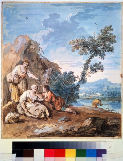 ثلاثة فلاحين يستريحون على ضفة نهر. لوحة جوزيبي زايس (1709-1784). لوحة مائية على ورق ، 29.5 × 26.2 سم ، حوالي عام 1750. مدرسة البندقية ، رسم إيطالي من القرن الثامن عشر. متحف الفنون الجميلة بوشكين ، بواسطة جوزيبي زيس