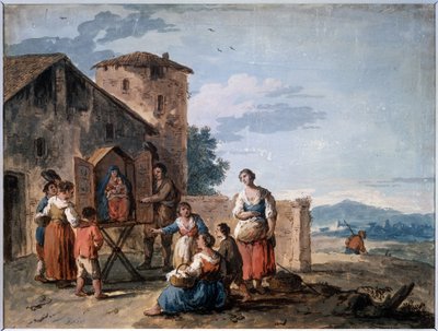 مجموعة من الفلاحين أمام الخيمة مع تمثال مادونا القائم. رسم جوزيبي زايس (1709-1784). تمبرا وبني داكن على ورق ، 30.2 × 38 سم ، حوالي عام 1750. مدرسة البندقية بواسطة جوزيبي زيس