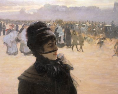 العودة من Bois de Boulogne ، سيدة مع كلب ، بقلم جوزيبي دي نيتيس ، التفاصيل بواسطة جوزيبي أو جوزيف دي نيتيس