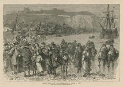 الهوغونوتيون في إنجلترا: اللاجئون الهوغونوتيون الفرنسيون يهبطون في دوفر عام 1685 (نقش) بواسطة جودفروي دوراند
