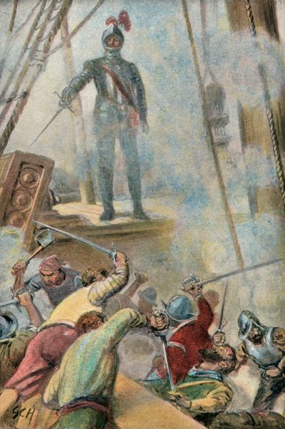 رسم توضيحي ل Westward Ho! بقلم تشارلز كينجسلي (طباعة حجرية ملونة) بواسطة Godfrey C. Hindley