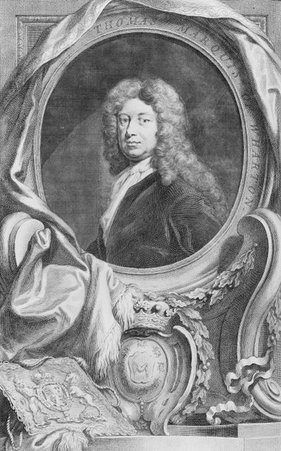 صورة لتوماس ماركيز من وارتون (1648-1715) ، نقشها جاكوب هوبراكن (1698-1780) ، نشرها ب. كنانتون ، 1744 بواسطة غودفري كنيلر