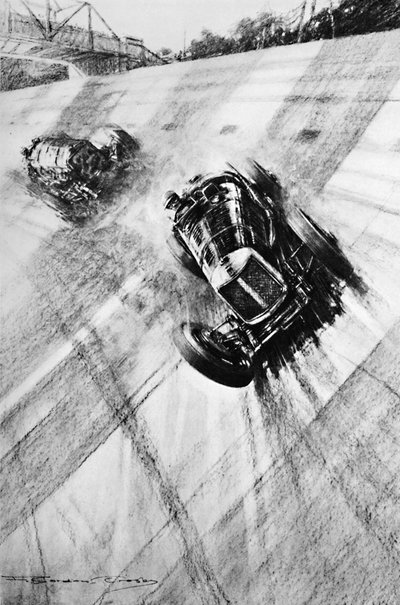 ويتني مستقيم مازيراتي في منعطف جسر الأعضاء ، Brooklands ، 1933 ، 1937 بواسطة جوردون كروسبي