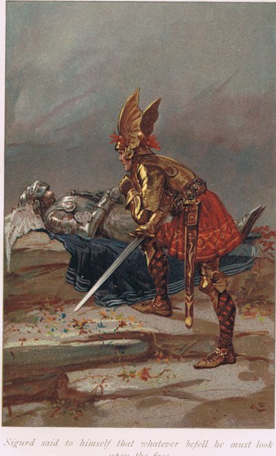 قال سيجورد لنفسه أنه مهما حدث ، يجب أن ينظر إلى الوجه ، وهو رسم توضيحي من كتاب ساجاس لأليس هوفمان ، نُشر عام 1926 بواسطة جوردون فريدريك براون