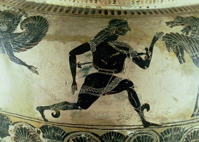 فرساوس فرار من الجورجون ، التفاصيل من دينوس أتيك أسود الشكل ، يوناني ، c.590 قبل الميلاد (الفخار) بواسطة جورجون رسام