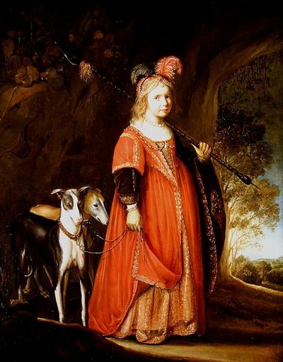 صورة لفتاة صغيرة مثل ديانا ، في الفسح مع اثنين من الكلاب السلوقية بواسطة Govaert Flinck