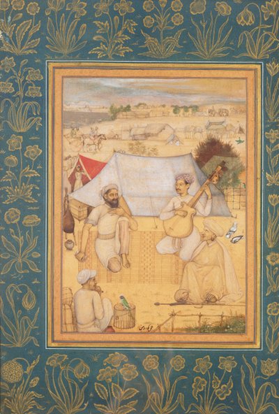 الموسيقيون والمغنون يركعون في ضواحي مخيم موغال. يوغي وخادم استمع إليهما من ألبوم مينتو ، ص 1630 بواسطة جوفاردان
