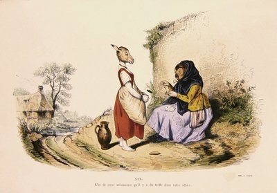 "بومة تحكي ثروة حمار" ، رسم كاريكاتوري من سلسلة "Les Metamorphoses du Jour" ، أعيد طبعه عام 1854 (نقش ملون) بواسطة جراندفيل