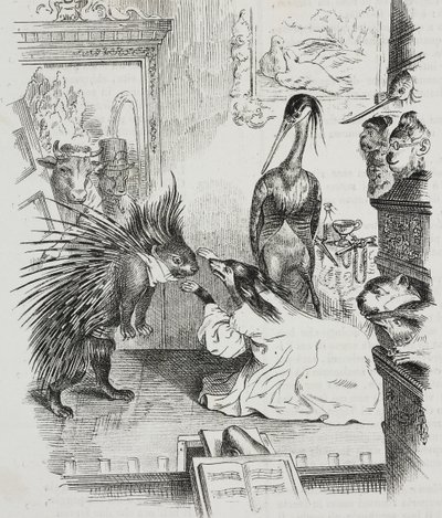 كلب ونيص ، رسم كاريكاتوري لجان جاك غراندفيل (1803-1847) ، طباعة حجرية لجيوفاني مارياني من بوليوراما بيتوريسكو ، رقم 38 ، 30 أبريل بواسطة جراندفيل