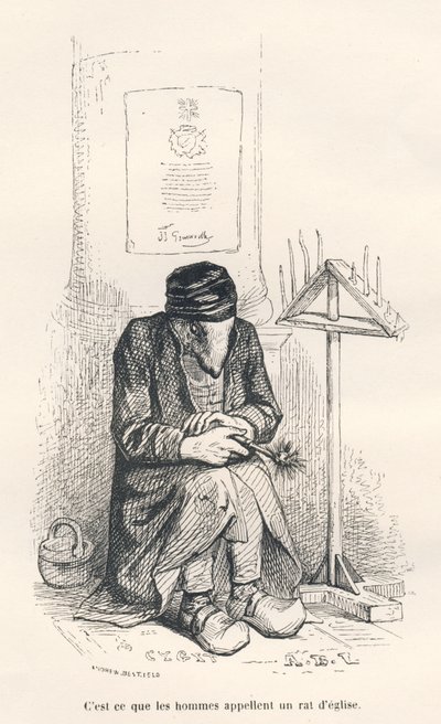 فأر الكنيسة. المقالات القصيرة موضحة بواسطة JJ Granville. وقع النقش أندرو وبيست وليلوار في الجزء المعنون "الجرذ الفيلسوف" الذي كتبه إدوارد ليموين في "مشاهد الحياة الخاصة والعامة للحيوانات". باريس ، ج. هيتزل وبولين بواسطة جراندفيل