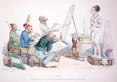 "النموذج مصمم بشكل مثالي لتوفير الإلهاء" ، كاريكاتير من سلسلة Les Metamorphoses du Jour ، أعيد طبعه عام 1854 (نقش ملون) بواسطة جراندفيل