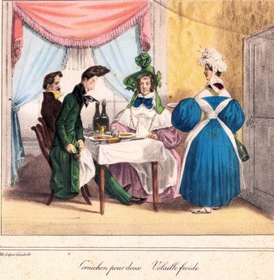 بطاقة معيشة المطعم: مخلل لشخصين ، دجاج بارد 1831-32 (طباعة حجرية) بواسطة جراندفيل