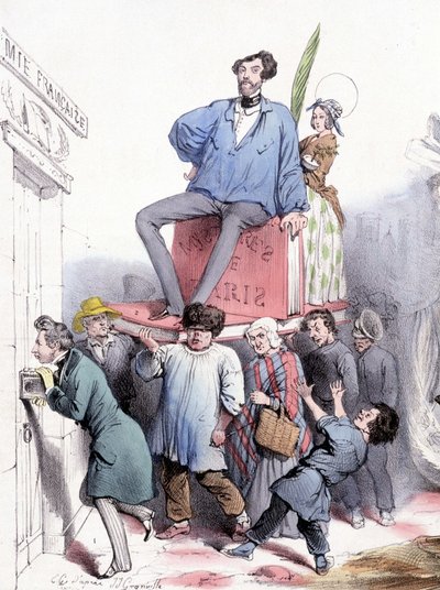 ألفريد دي فيني يطرق باب الأكاديمية بأعماله الكاملة ، ويوجين سو ، جالسًا على "" Les mystères de Paris "، مرتديًا لوحة قماشية زرقاء للأمير رودولف - من تصميم Grandville ، في" Le Charivari "" 21 فبراير 1844 بواسطة جراندفيل