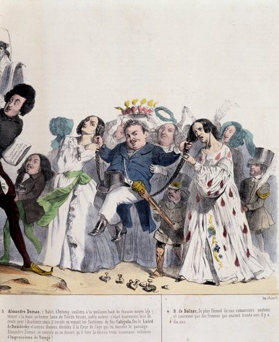 كارتون عن الكسندر دوماس فيلس وأونوريه دي بلزاك - بقلم غراندفيل ، في "" Charivari "" "من 21/02/1844 بواسطة جراندفيل