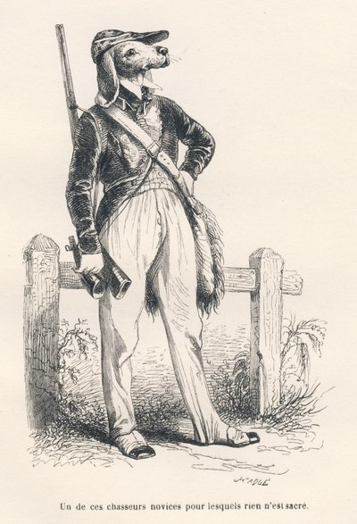 كلب في ملابس الصيد. المقالات القصيرة موضحة بواسطة JJ Granville. نقش توقيع Caque في الجزء المعنون "ذكريات غراب قديم" كتبه بي جي ستال في "مشاهد من الحياة الخاصة والعامة للحيوانات". باريس ، ج. هيتزل وبولين بواسطة جراندفيل