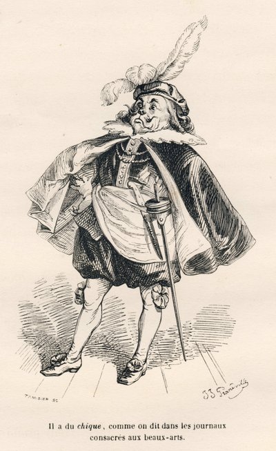 الكلب مع chic. المقالات القصيرة موضحة بواسطة JJ Granville. وقع النقش على Tamisier في قسم بعنوان "Le premier feuilleton de Pistolet" كتبه Jules Janin في "مشاهد الحياة الخاصة والعامة للحيوانات". باريس ، ج. هيتزل وبولين بواسطة جراندفيل
