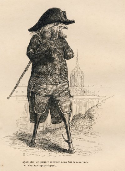 الديك غير صالح أمام فندق des invalides في باريس. المقالات القصيرة موضحة بواسطة JJ Granville. وقع النقش أندرو وبيست وليلوار في الجزء بعنوان "أطباء أنيماوكس" كتبه بيير برنارد في "مشاهد من الحياة الخاصة والعامة للحيوانات". بواسطة جراندفيل