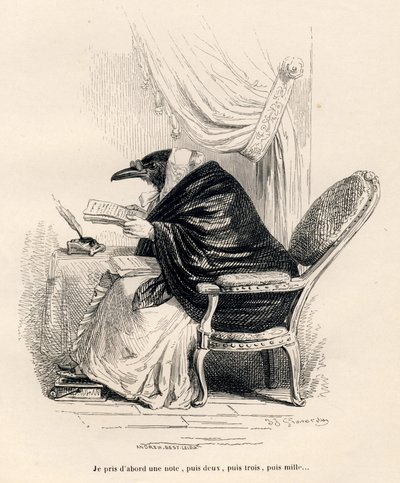 كتابة الغراب. المقالات القصيرة موضحة بواسطة JJ Granville. نقش أندرو وبيست وليلوار في قسم بعنوان "ذكريات غراب قديم" كتبه بي جي ستال في "مشاهد من الحياة الخاصة والعامة للحيوانات". باريس ، ج. هيتزل وبولين بواسطة جراندفيل