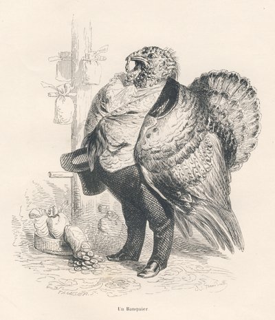 تركيا كمصرفي. المقالات القصيرة موضحة بواسطة JJ Granville. نقش وقع تاميزير في قسم بعنوان "ذكريات غراب قديم" كتبه بي جي ستال في "مشاهد من الحياة الخاصة والعامة للحيوانات". باريس ، ج. هيتزل وبولين بواسطة جراندفيل