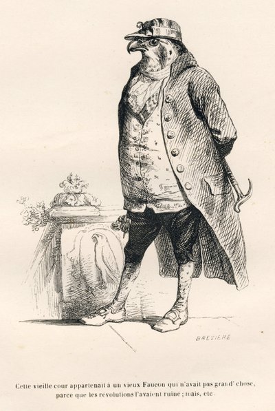 الصقر دمرته الثورات. المقالات القصيرة موضحة بواسطة JJ Granville. نقش توقيع بريفير في الجزء المعنون "ذكريات غراب قديم" كتبه بي جي ستال في "مشاهد من الحياة الخاصة والعامة للحيوانات". باريس ، ج. هيتزل وباولي بواسطة جراندفيل