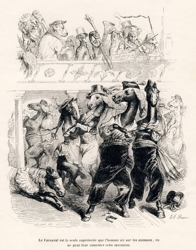 كرنفال الخيول. المقالات القصيرة موضحة بواسطة JJ Granville. وقع النقش على تميزير في الجزء المعنون "رحلة أسد أفريقي في باريس" كتبه أونوريه دي بلزاك في "مشاهد الحياة الخاصة والعامة للحيوانات". باريس ، ج. هيتزل وبول بواسطة جراندفيل