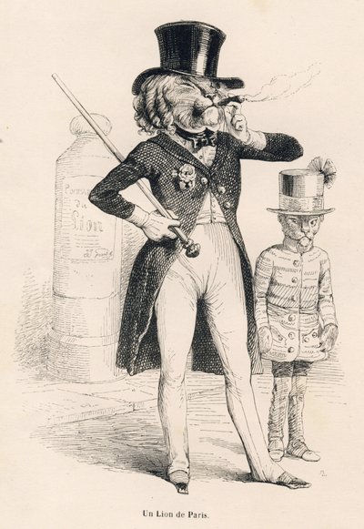 أسد باريس. المقالات القصيرة موضحة بواسطة JJ Granville. وقع النقش أندرو وبيست وليلوار في الجزء المعنون "رحلة أسد أفريقي في باريس" كتبه أونوريه دي بلزاك في "مشاهد الحياة الخاصة والعامة للحيوانات". باريس ، ج. هيتزل و بواسطة جراندفيل