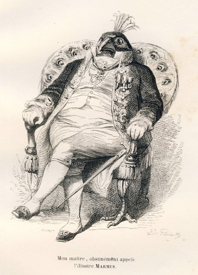 الطاووس جالس على كرسيه. المقالات القصيرة موضحة بواسطة JJ Granville. نقش موقع Porret في الجزء بعنوان "دليل الحمار لاستخدام الحيوانات التي ترغب في تحقيق التكريم" الذي كتبه أونوريه دي بلزاك في "مشاهد من الحياة الخاصة والعامة للحيوان". بواسطة جراندفيل