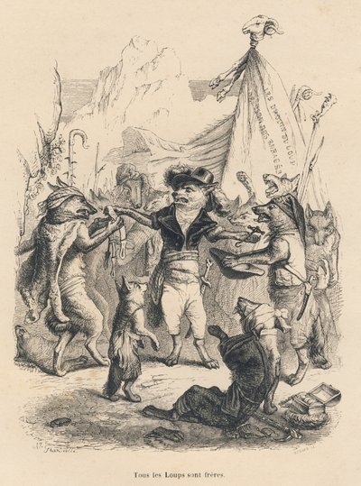 ثورة الذئاب وحرية وحق الذئب. المقالات القصيرة موضحة بواسطة JJ Granville. وقع النقش على جودار في الجزء المعنون "رحلة دوون موينيو دي باريس" الذي كتبه جورج ساند في "مشاهد الحياة الخاصة والعامة للحيوانات". باريس ، ج بواسطة جراندفيل