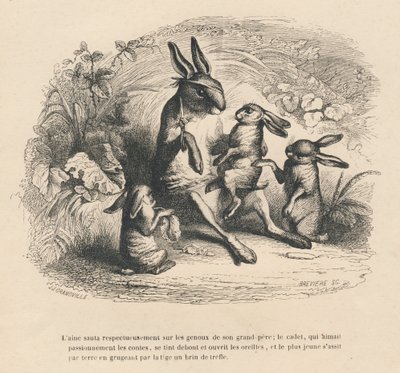 أنتم أطفال أرنب يستمعون إلى جدهم الجريح يروي القصص. المقالات القصيرة موضحة بواسطة JJ Granville. نقش وقع بريفير في الجزء "تاريخ الأرنب" الذي كتبه بي جي ستال في "مشاهد الحياة الخاصة والعامة للحيوانات". باريس بواسطة جراندفيل