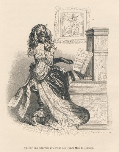كلب يغني على البيانو. المقالات القصيرة موضحة بواسطة JJ Granville. وقع النقش أندرو وبيست وليلوار في الجزء المعنون "أحكام محكمة لقطط إنجليزي" كتبه أونور دي بلزاك في "مشاهد من الحياة الخاصة والعامة للحيوانات". باريس بواسطة جراندفيل